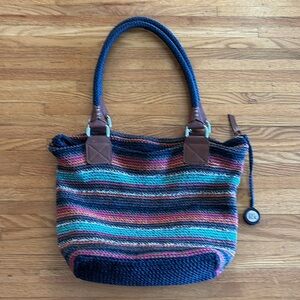 THE SAK Casual Blues Crochet Faux Leather Multi Color Purse,Tote, Dual Handle.